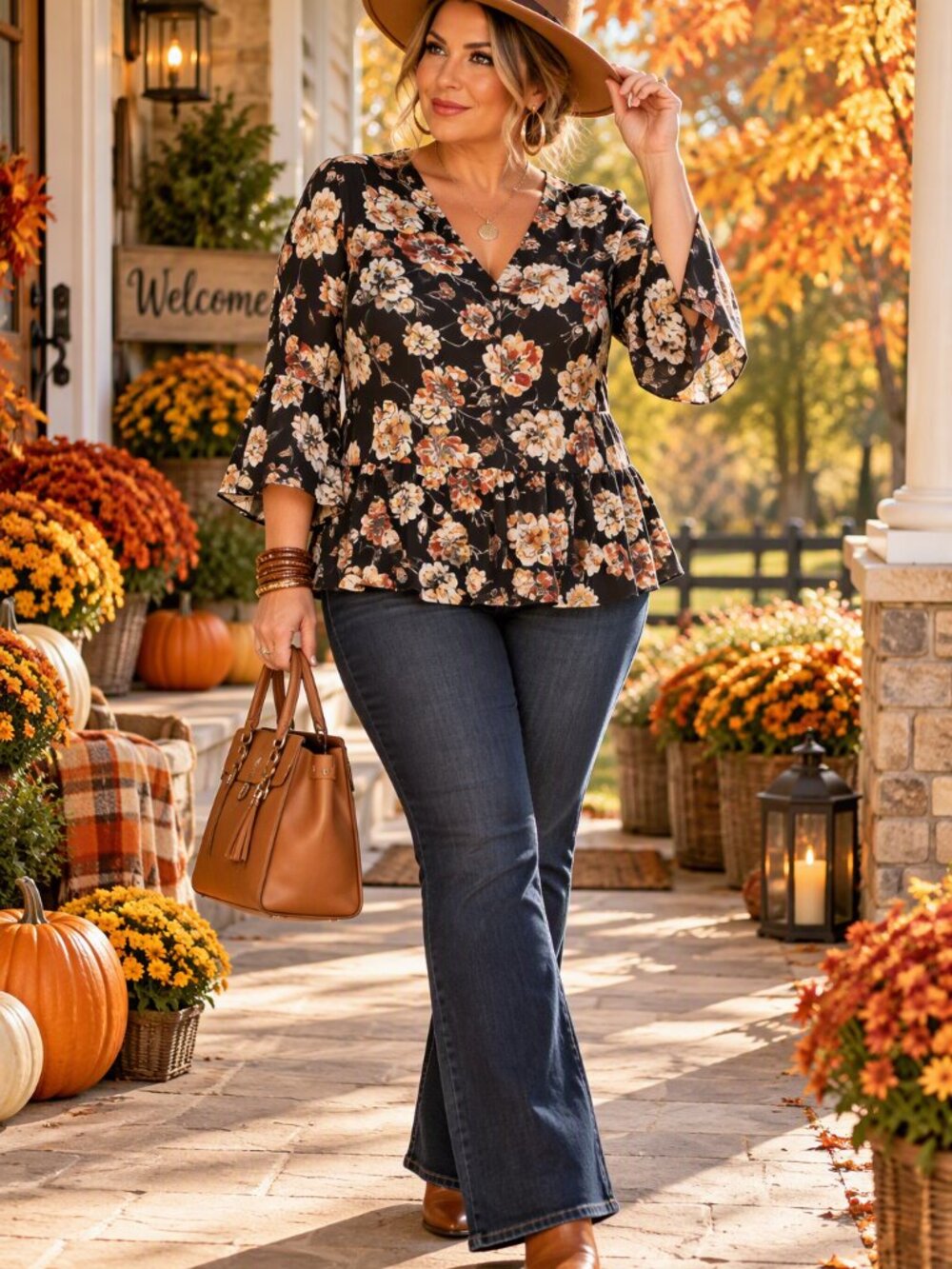Women's Black Floral V-Neck Ruffle Tier Blouse